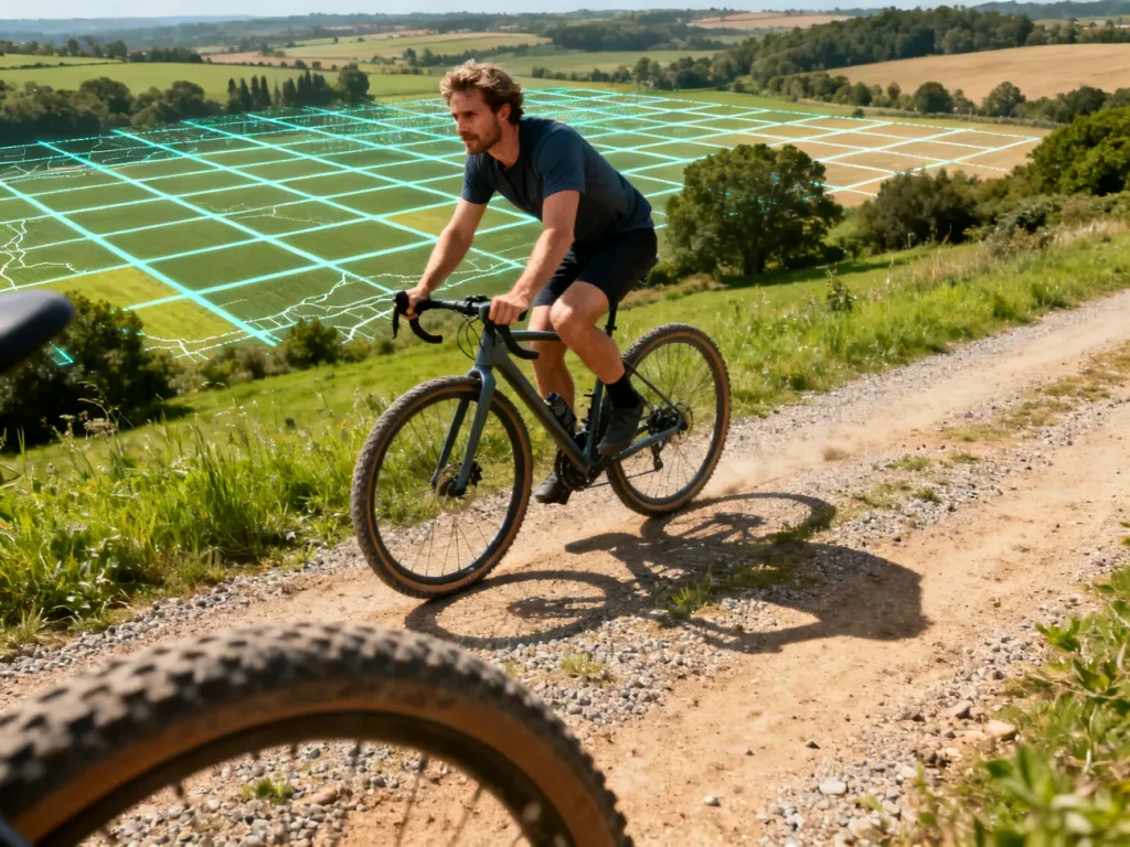 Rowerzysta na szutrowej drodze z nałożoną na krajobraz cyfrową siatką kwadratów, obrazującą zabawę w zdobywanie terenu.