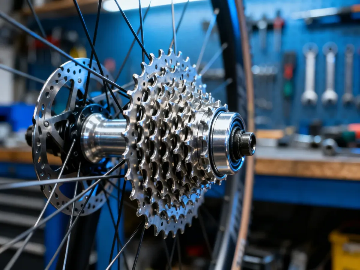 Zbliżenie na mechanizm tylnej piasty roweru, ukazujące różnice w budowie zębatek kasety oraz wolnobiegu.