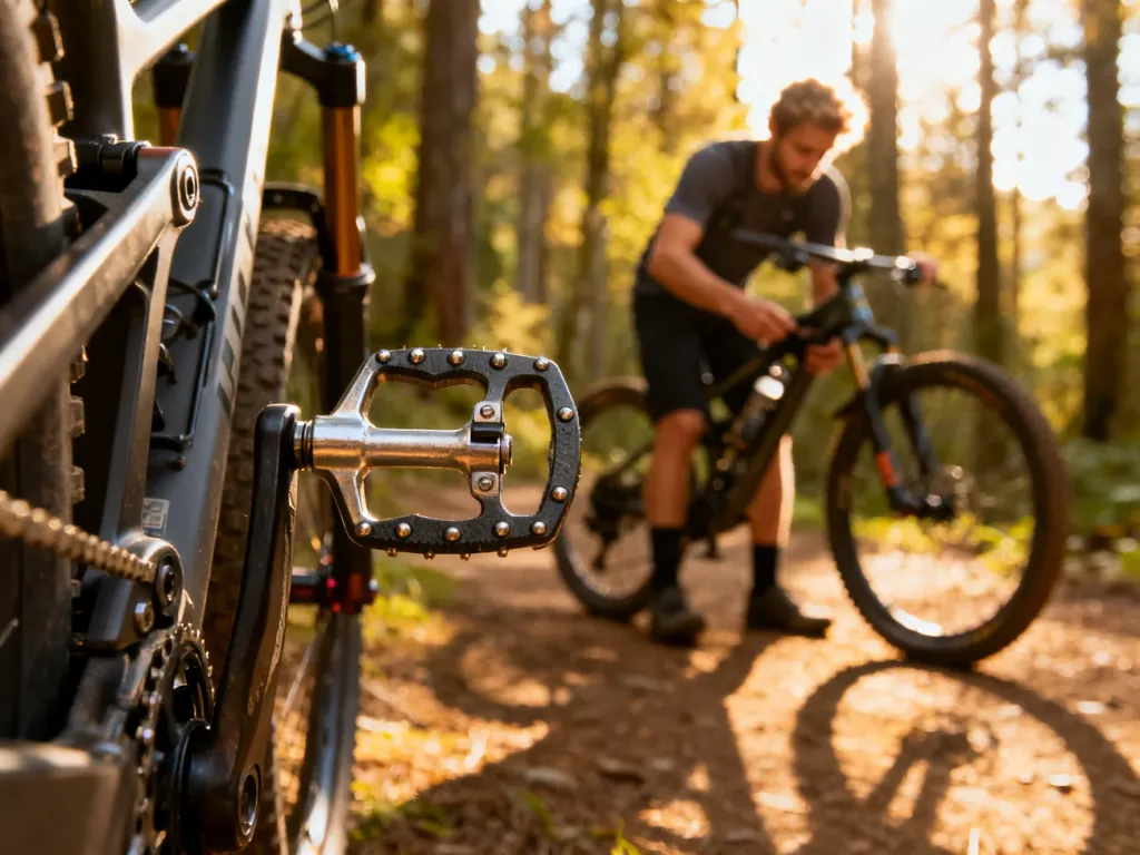 Zbliżenie na metalowy pedał rowerowy z kolcami. W rozmytym tle rowerzysta przygotowuje swój rower na leśnej ścieżce.