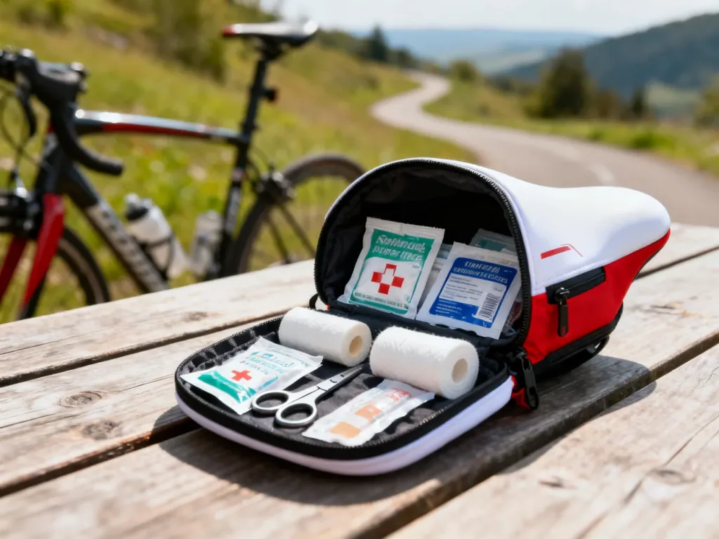 Otwarta sakwa rowerowa na stole z zestawem opatrunkowym, plastrami i nożyczkami, gotowa do zabrania w trasę.