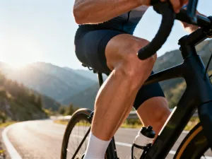 Kolarz w profesjonalnym studiu bikefittingu podczas analizy biomechanicznej na trenażerze.