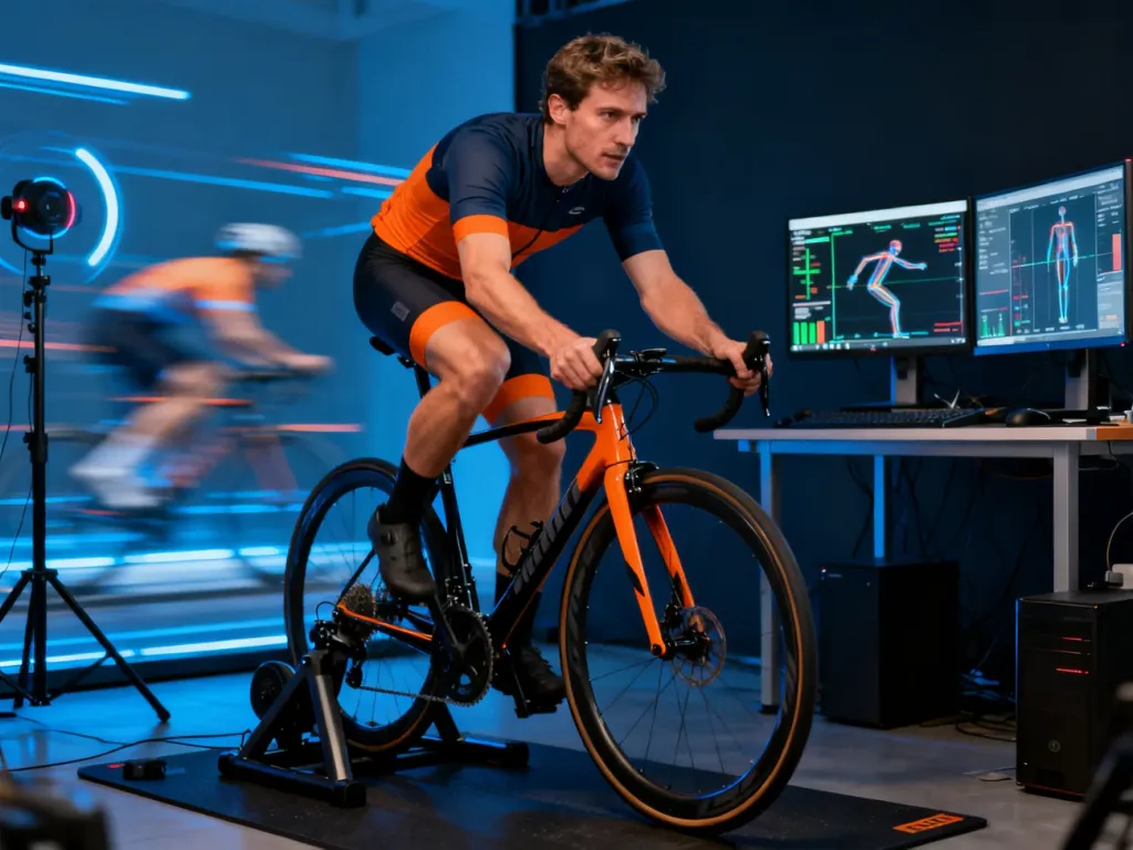 Kolarz w profesjonalnym studiu bikefittingu podczas analizy biomechanicznej na trenażerze.