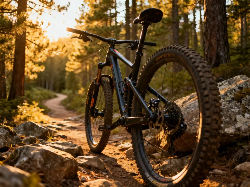 Rower górski Rockrider 520 zaparkowany na leśnej ścieżce w promieniach zachodzącego słońca.