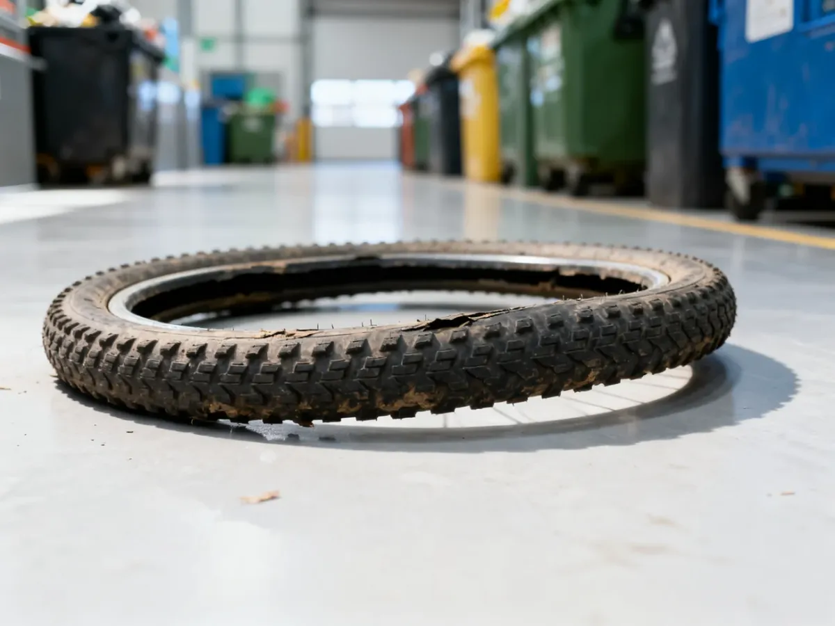 Zużyta opona rowerowa leżąca na podłodze nowoczesnej stacji segregacji odpadów z widocznymi w tle pojemnikami do recyklingu.