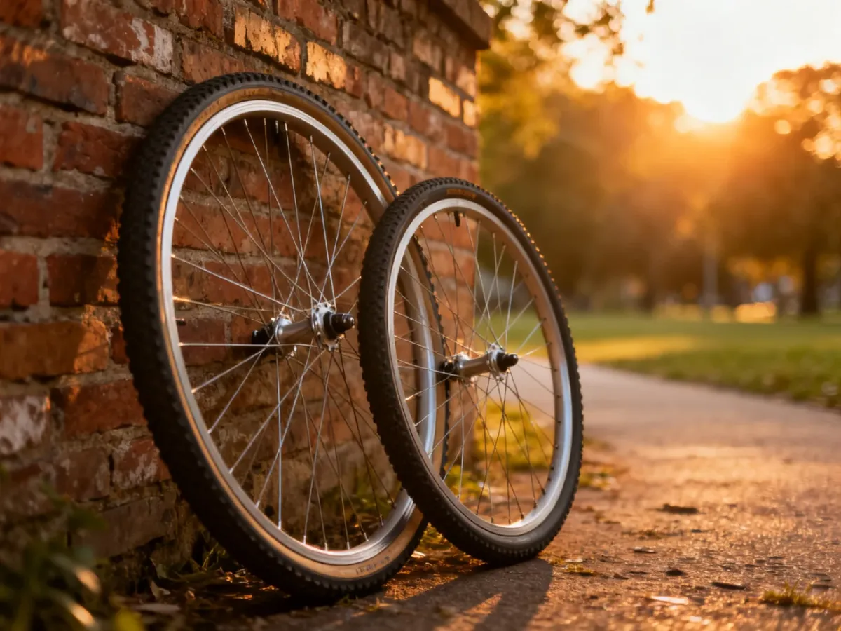 Porównanie kół rowerowych o średnicy 28 i 26 cali ustawionych obok siebie na tle ceglanego muru.