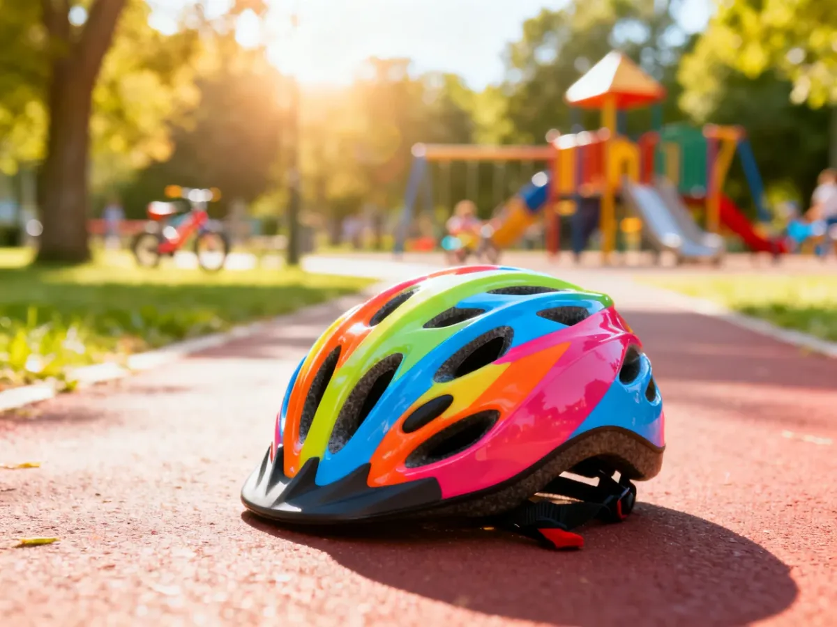 Kolorowy kask rowerowy dla dziecka leżący na ścieżce w parku w słoneczny dzień.