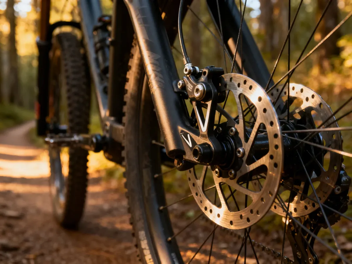 Zbliżenie na tarczę hamulcową oraz system V-brake zamontowane w rowerze górskim na tle leśnej ścieżki.