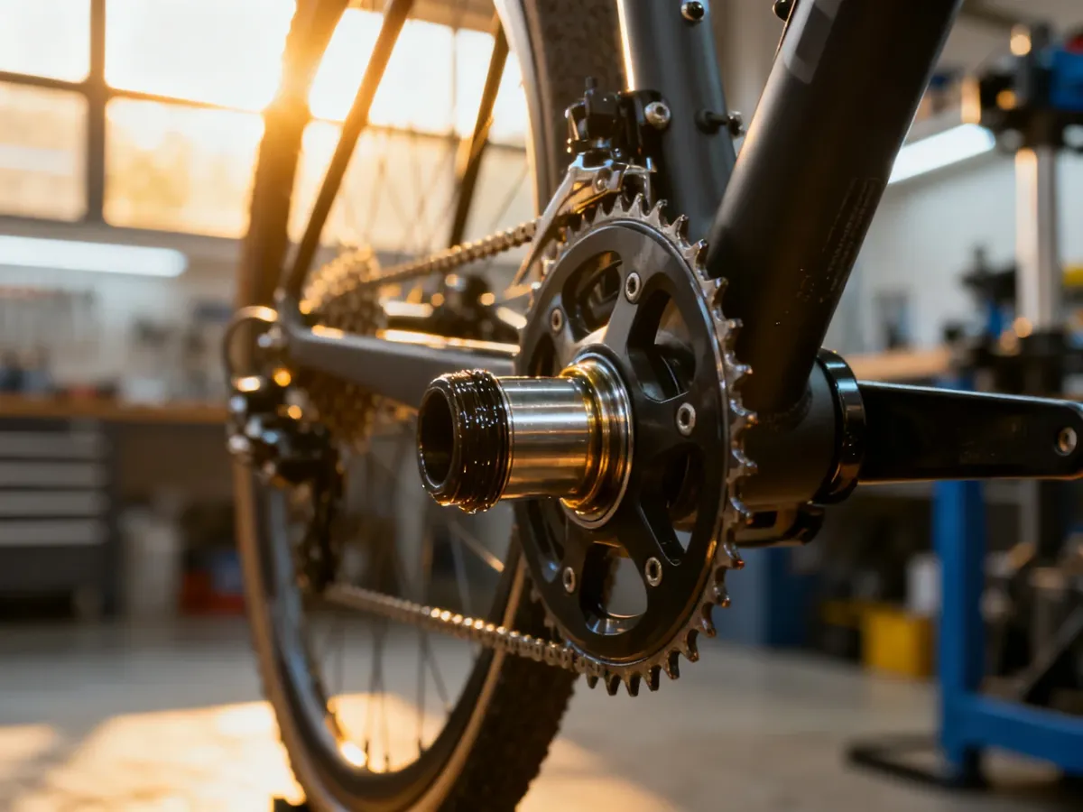 Zbliżenie na suport rowerowy łączący korbę z ramą roweru w profesjonalnym warsztacie. Precyzyjne detale mechanizmu napędowego.