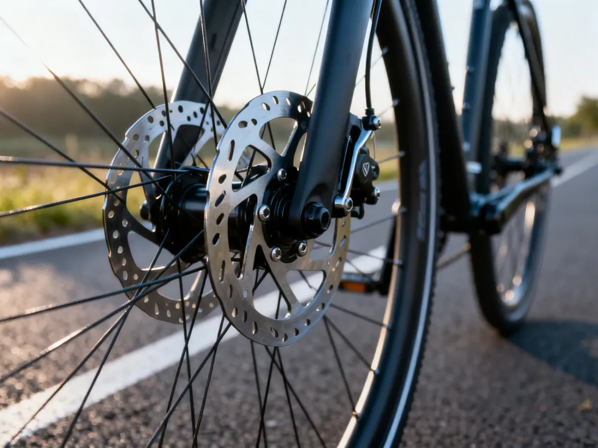 Zbliżenie na tarczę hamulca rowerowego z rozmytym systemem V-brake w tle, ilustrujące porównanie obu typów hamulców.