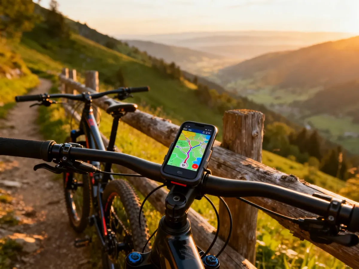Profesjonalny rower górski z zamontowanym smartfonem z mapą GPS na tle malowniczej górskiej doliny.
