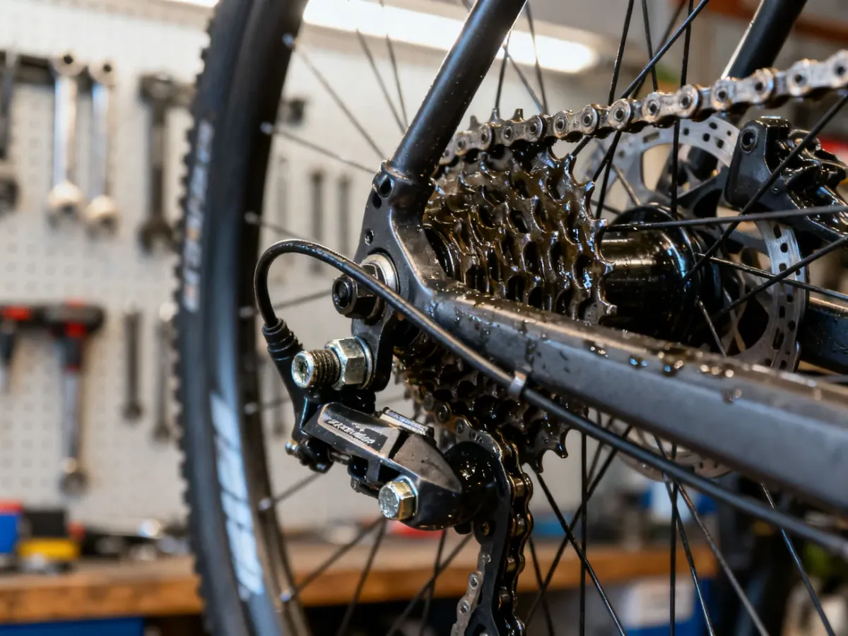Zbliżenie na tylne koło roweru z piastą wielobiegową, ukazujące mechanizm zmiany biegów i mocowanie osi w warsztacie.