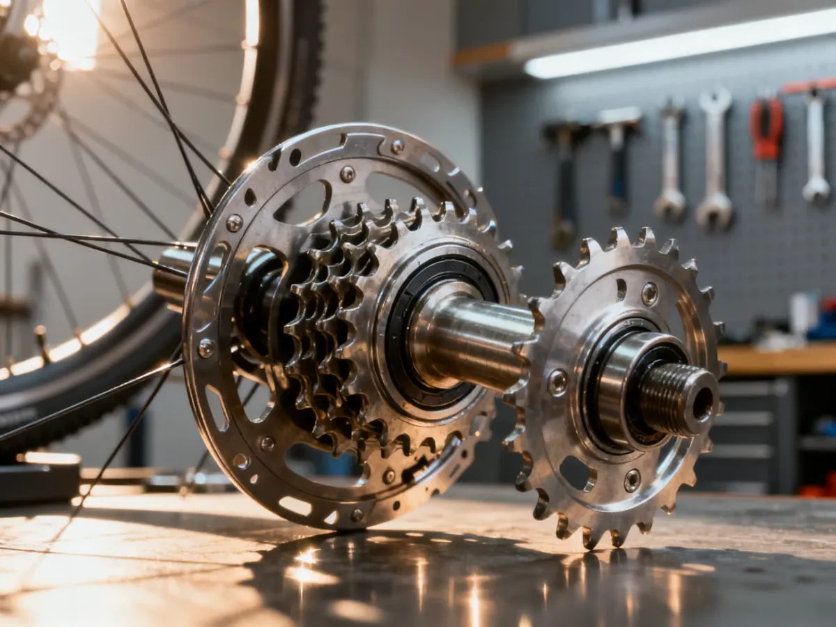 Szczegółowy widok mechanizmu wewnętrznej piasty rowerowej z widocznymi zębatkami w profesjonalnym warsztacie.