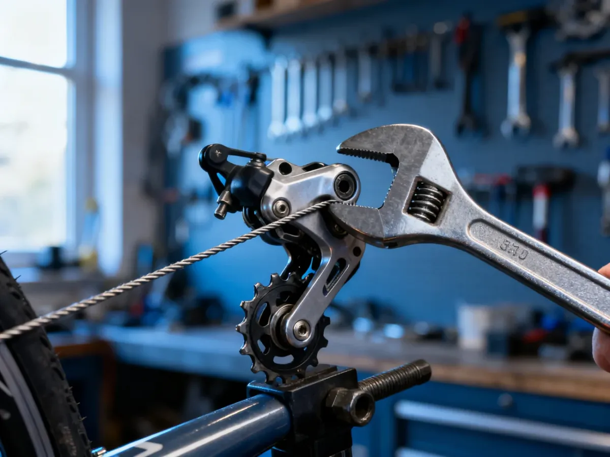 Zbliżenie na dłoń mechanika dokręcającego stalową linkę przerzutki rowerowej za pomocą klucza w profesjonalnym warsztacie.