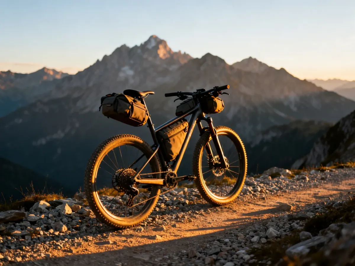 Rower górski z sakwami zaparkowany na kamienistym szlaku w górach podczas zachodu słońca, gotowy do wyprawy bikepackingowej.