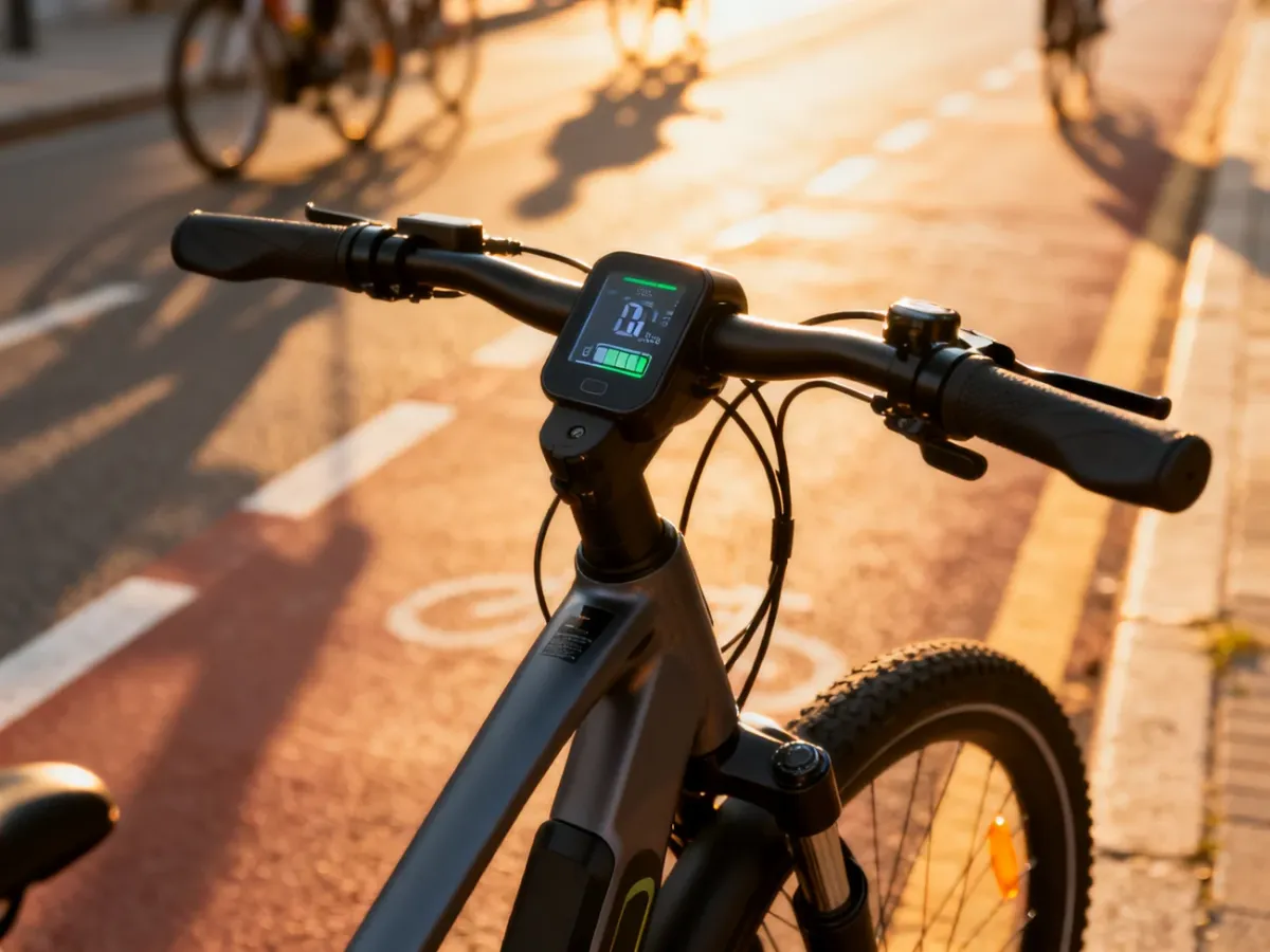 Zbliżenie na kierownicę roweru elektrycznego z wyświetlaczem pokazującym prędkość i stan naładowania baterii.