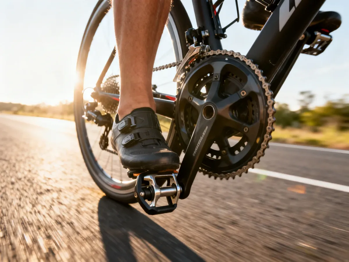 Zbliżenie na precyzyjną pracę napędu rowerowego i ułożenie stopy na pedale zatrzaskowym podczas jazdy.