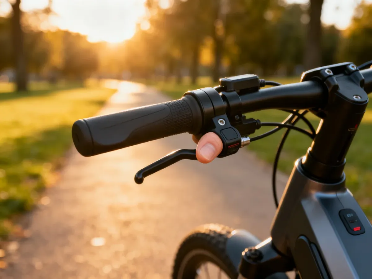 Zbliżenie na manetkę gazu przy kierownicy roweru elektrycznego na tle słonecznej parkowej alejki.