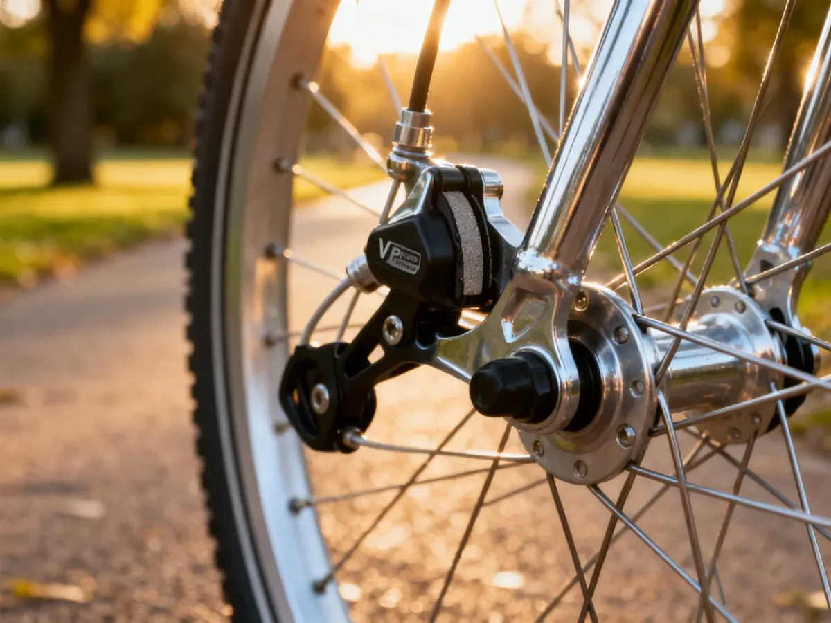Zbliżenie na nowoczesny system hamulców typu V-brake zamontowany na obręczy koła rowerowego w słoneczny dzień.