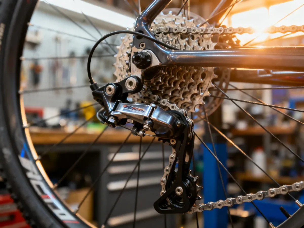 Zbliżenie na mechanizm tylnej przerzutki rowerowej z widocznymi zębatkami i łańcuchem w profesjonalnym warsztacie.