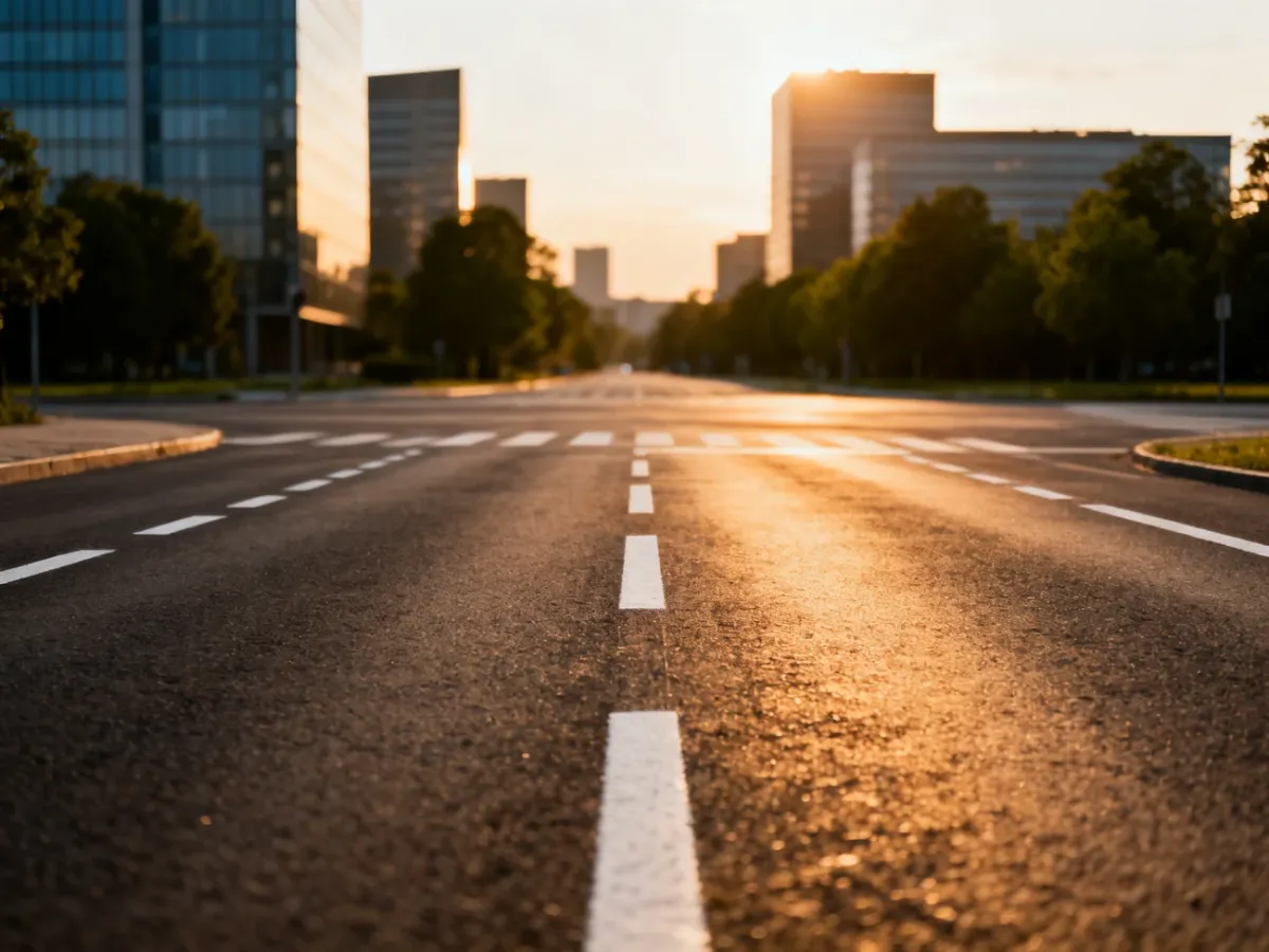 Widok na nowoczesne skrzyżowanie w Warszawie podczas zachodu słońca, prowadzące w stronę ulicy Czerniakowskiej.