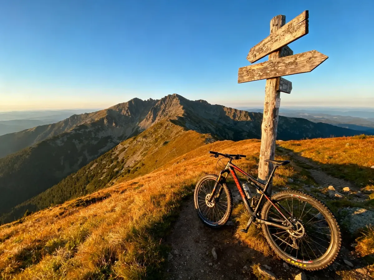 Rower górski oparty o drewniany drogowskaz na tle malowniczej panoramy Karkonoszy w słoneczny dzień.