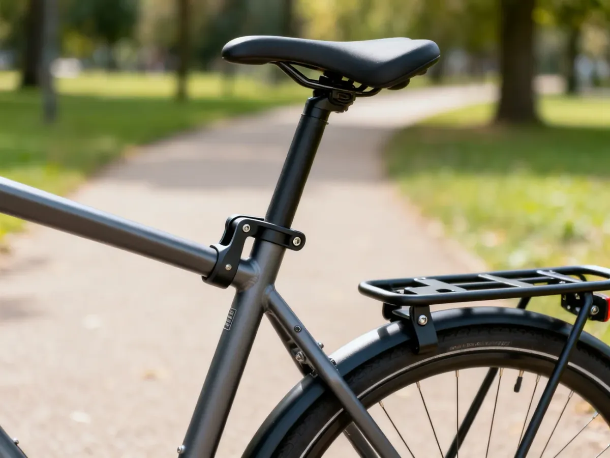 Zbliżenie na punkty montażowe fotelika rowerowego: mocowanie przednie na kierownicy oraz tylne na bagażniku.