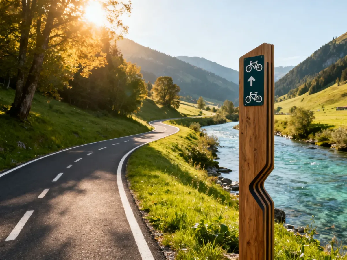 Malownicza ścieżka rowerowa Velo Soła biegnąca wzdłuż rzeki przez zieloną dolinę w promieniach porannego słońca.