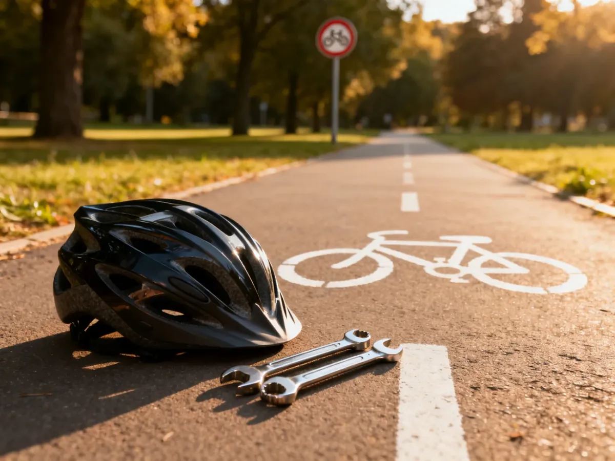 Kask rowerowy i zestaw narzędzi na ścieżce rowerowej w parku, obok znaku drogowego informującego o trasie dla rowerów.