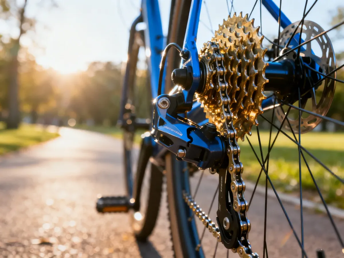 Zbliżenie na mechanizm tylnej przerzutki roweru z czystym łańcuchem i zębatkami w świetle poranka.