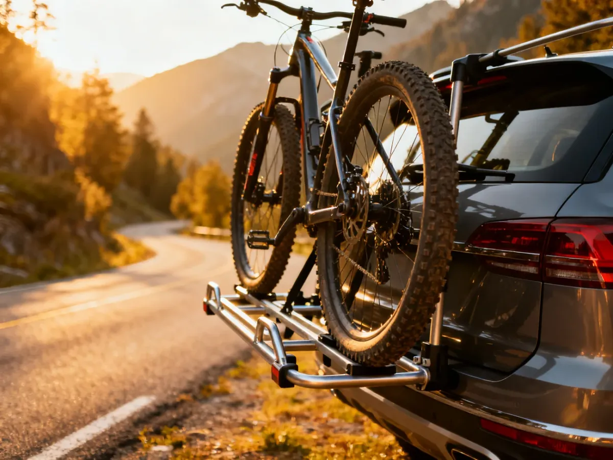 Nowoczesny bagażnik rowerowy zamontowany na tylnej klapie SUV-a z dwoma rowerami górskimi na tle górskiej drogi.