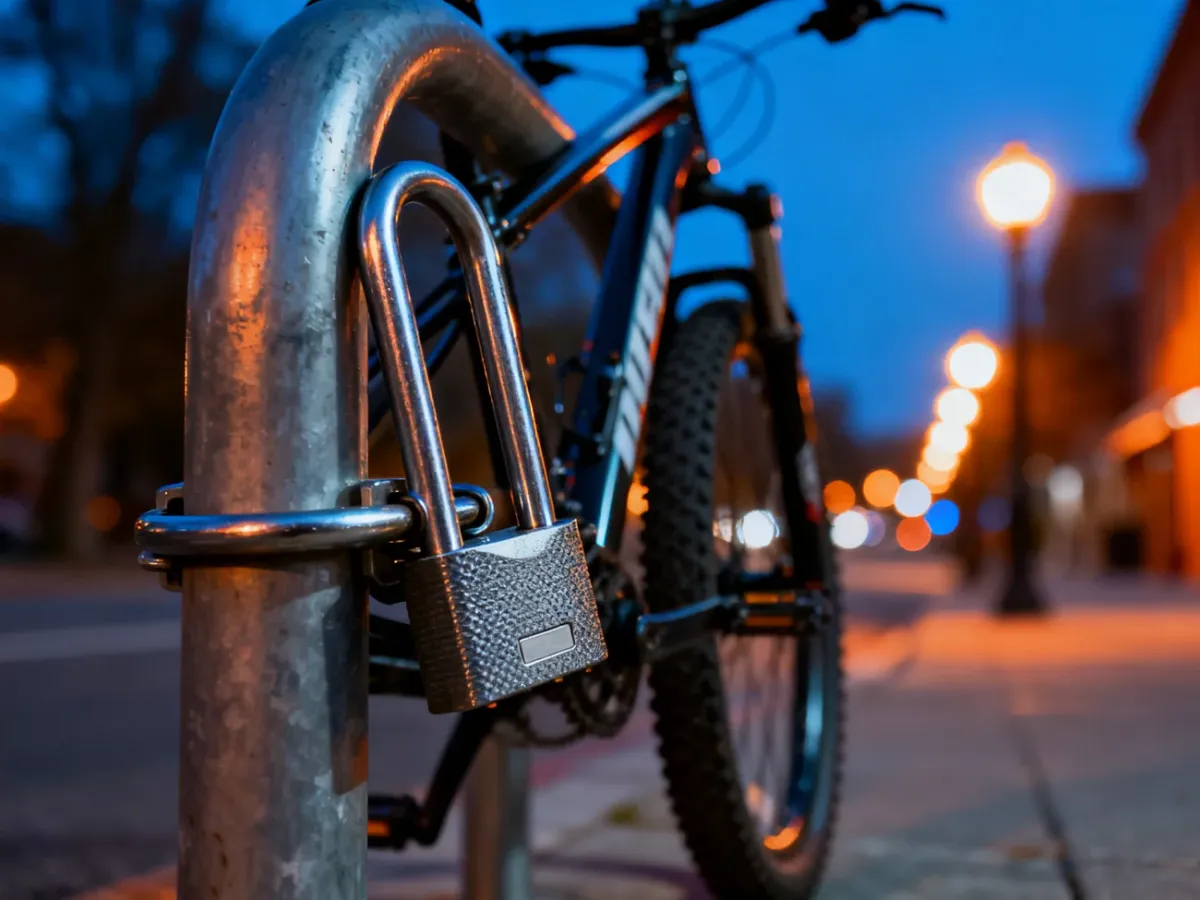 Solidne zapięcie typu U-lock zabezpieczające ramę roweru górskiego do miejskiego stojaka w wieczornej scenerii.