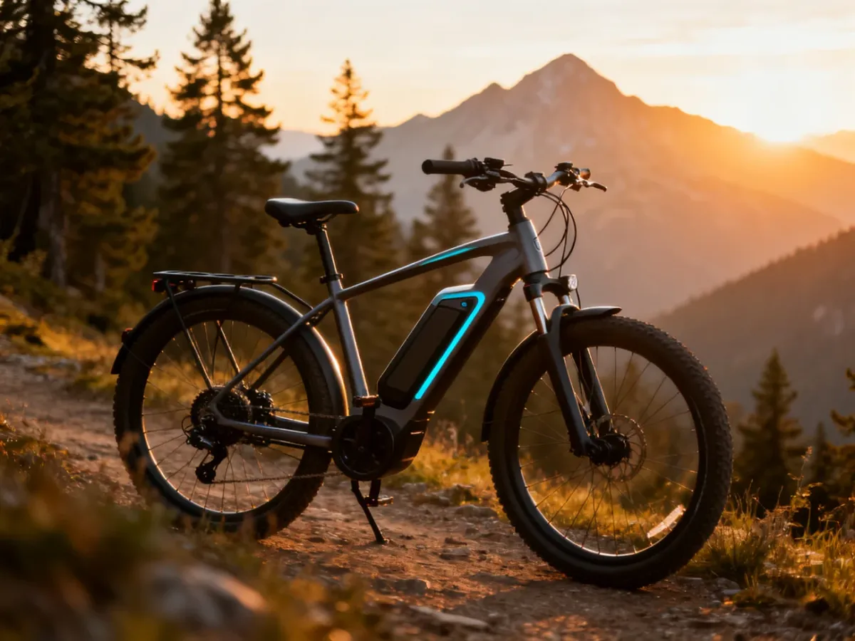 Nowoczesny rower elektryczny zaparkowany na górskim szlaku podczas zachodu słońca, podkreślający rekreacyjny charakter e-bike'a.