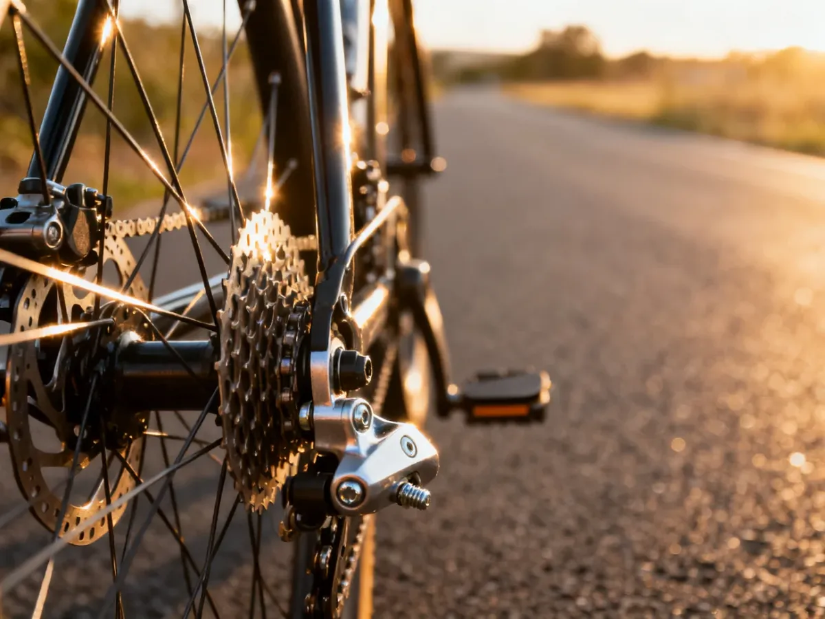 Zbliżenie na mechanizm hamulca szczękowego przy kole rowerowym, ukazujące precyzję wykonania i detale konstrukcyjne.