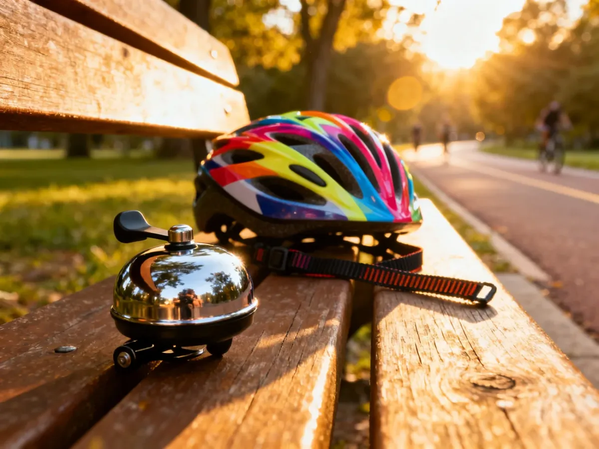 Dzwonek rowerowy i kask leżące na ławce w parku, symbolizujące przygotowanie do bezpiecznej jazdy na rowerze.