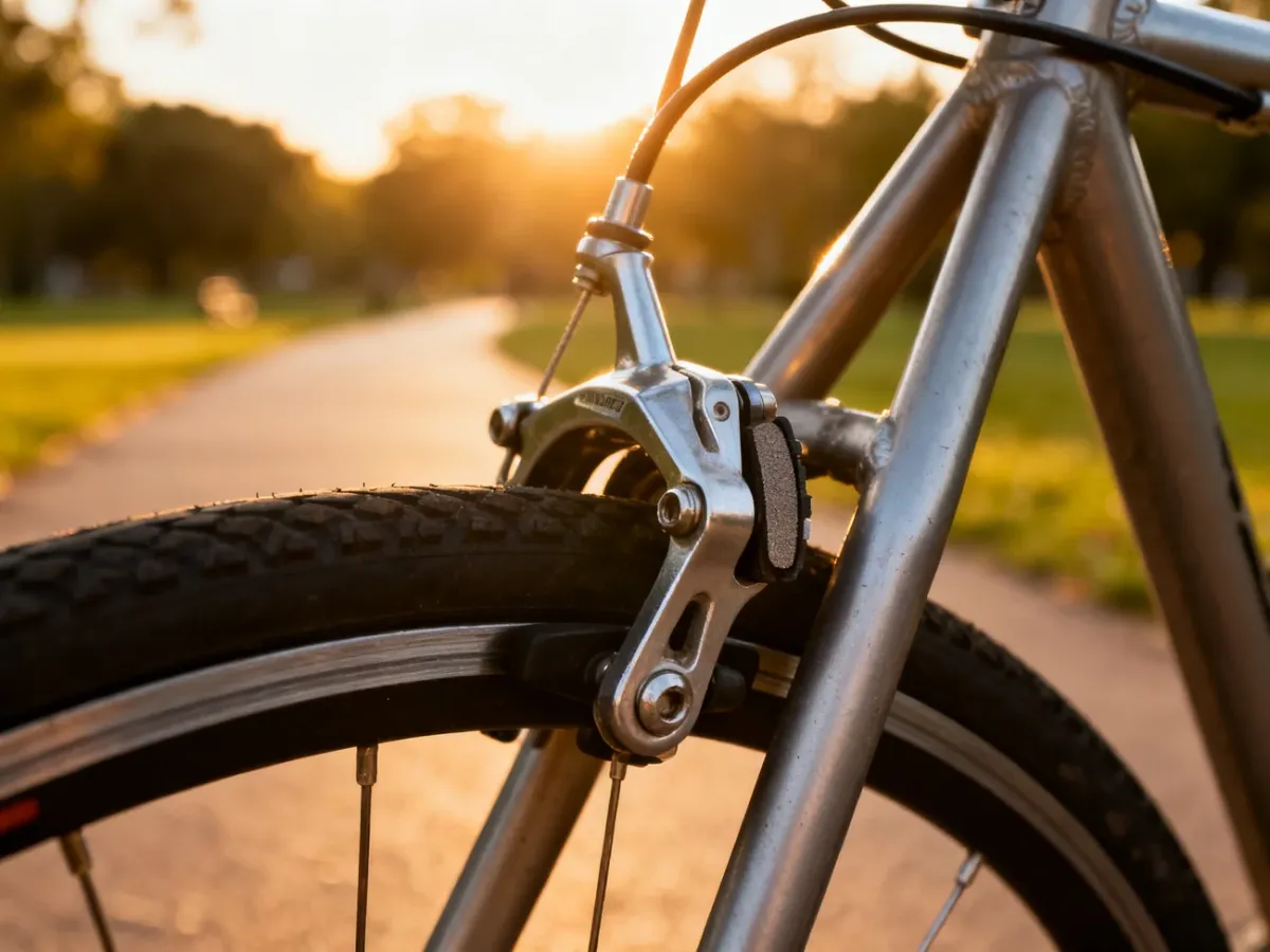 Zbliżenie na mechanizm hamulców typu V-brake zamontowanych na ramie roweru, ukazujące detale klocków i naciąg linki.