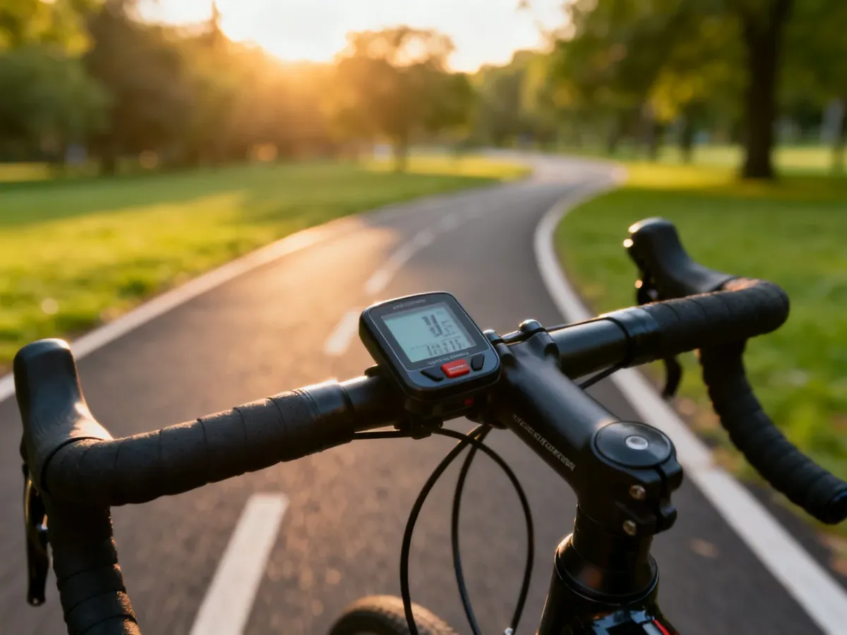 Licznik rowerowy na kierownicy z rozmytą ścieżką rowerową w słonecznym parku w tle.