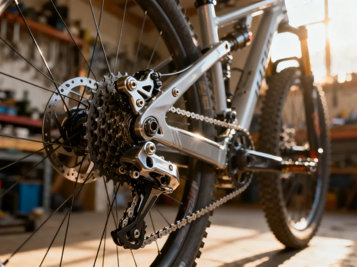 Zbliżenie na mechanizm przedniej przerzutki roweru górskiego z widocznymi śrubami regulacyjnymi i łańcuchem.