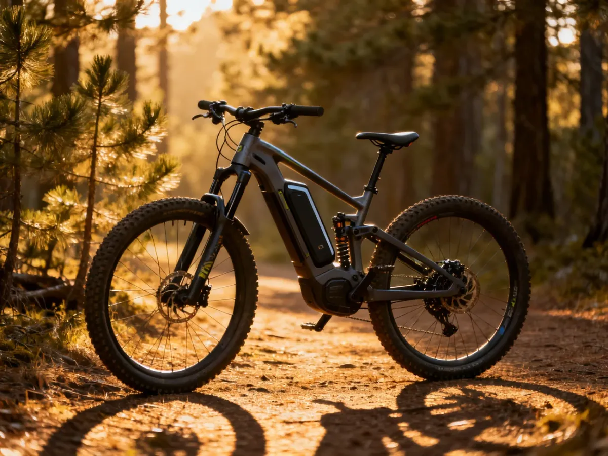 Nowoczesny rower elektryczny typu e-MTB zaparkowany na leśnej ścieżce w świetle zachodzącego słońca.