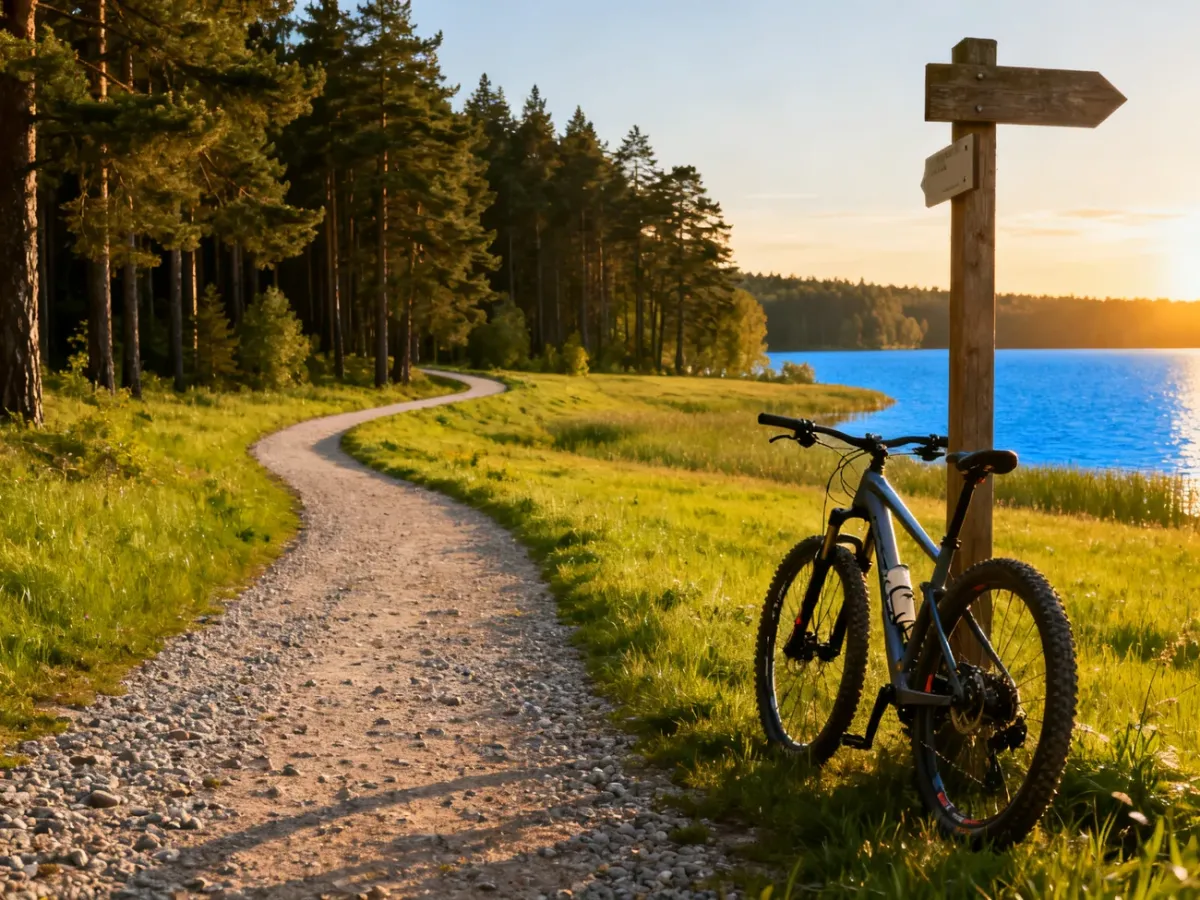 Malownicza ścieżka rowerowa wśród mazurskich lasów i jezior o zachodzie słońca z rowerem górskim na pierwszym planie.