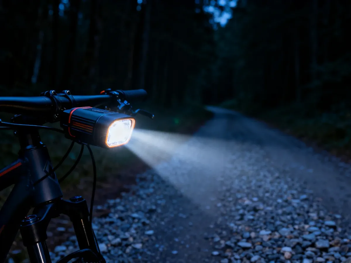 Mocna lampka rowerowa oświetlająca ciemną leśną ścieżkę, ukazująca zasięg i intensywność światła podczas nocnej jazdy.