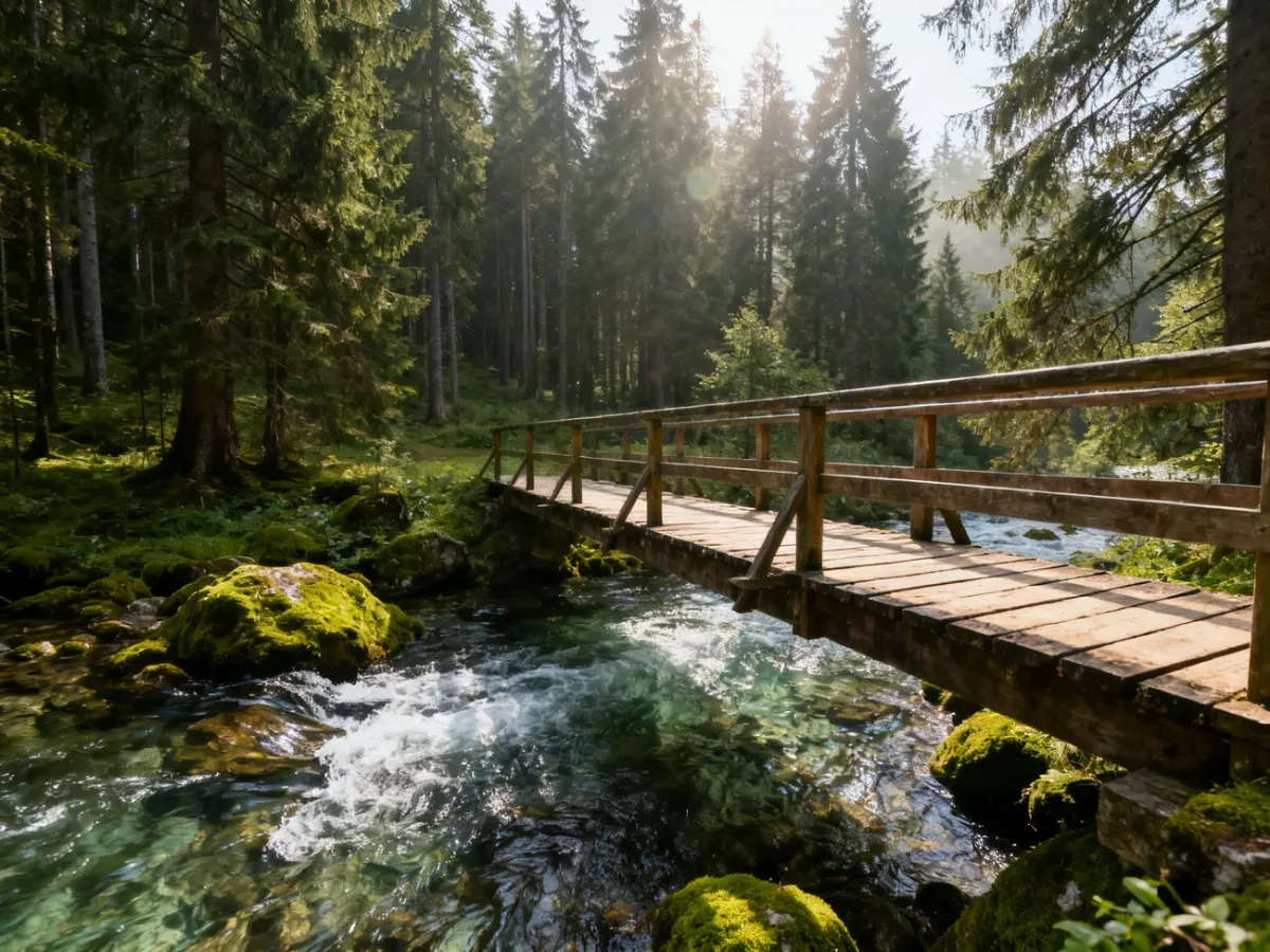 Drewniana kładka nad bystrym strumieniem w rezerwacie Czartowe Pole wśród bujnej zieleni i wysokich sosen.