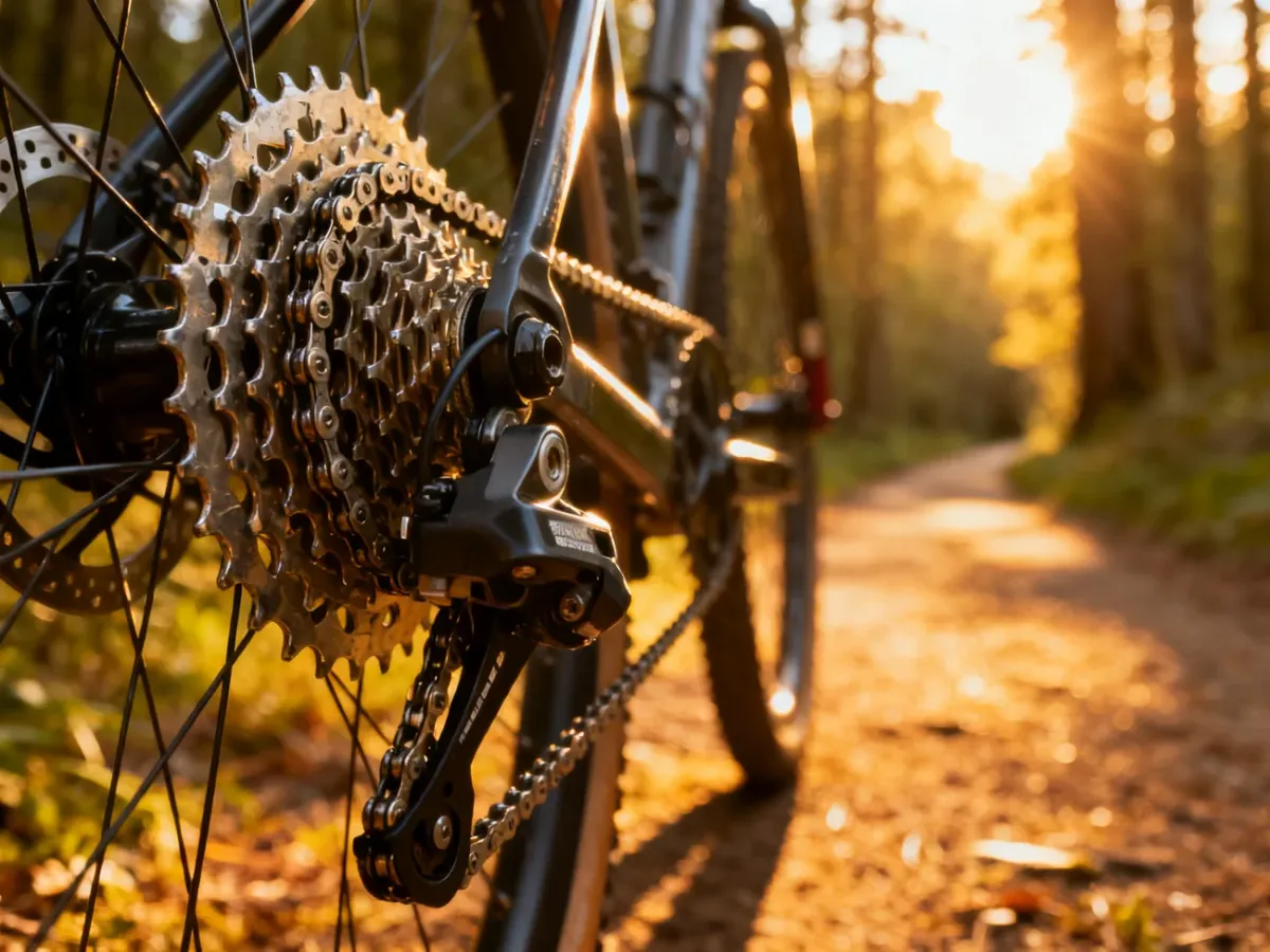 Zbliżenie na precyzyjny mechanizm przerzutek i kasetę nowoczesnego roweru na tle słonecznej leśnej ścieżki.