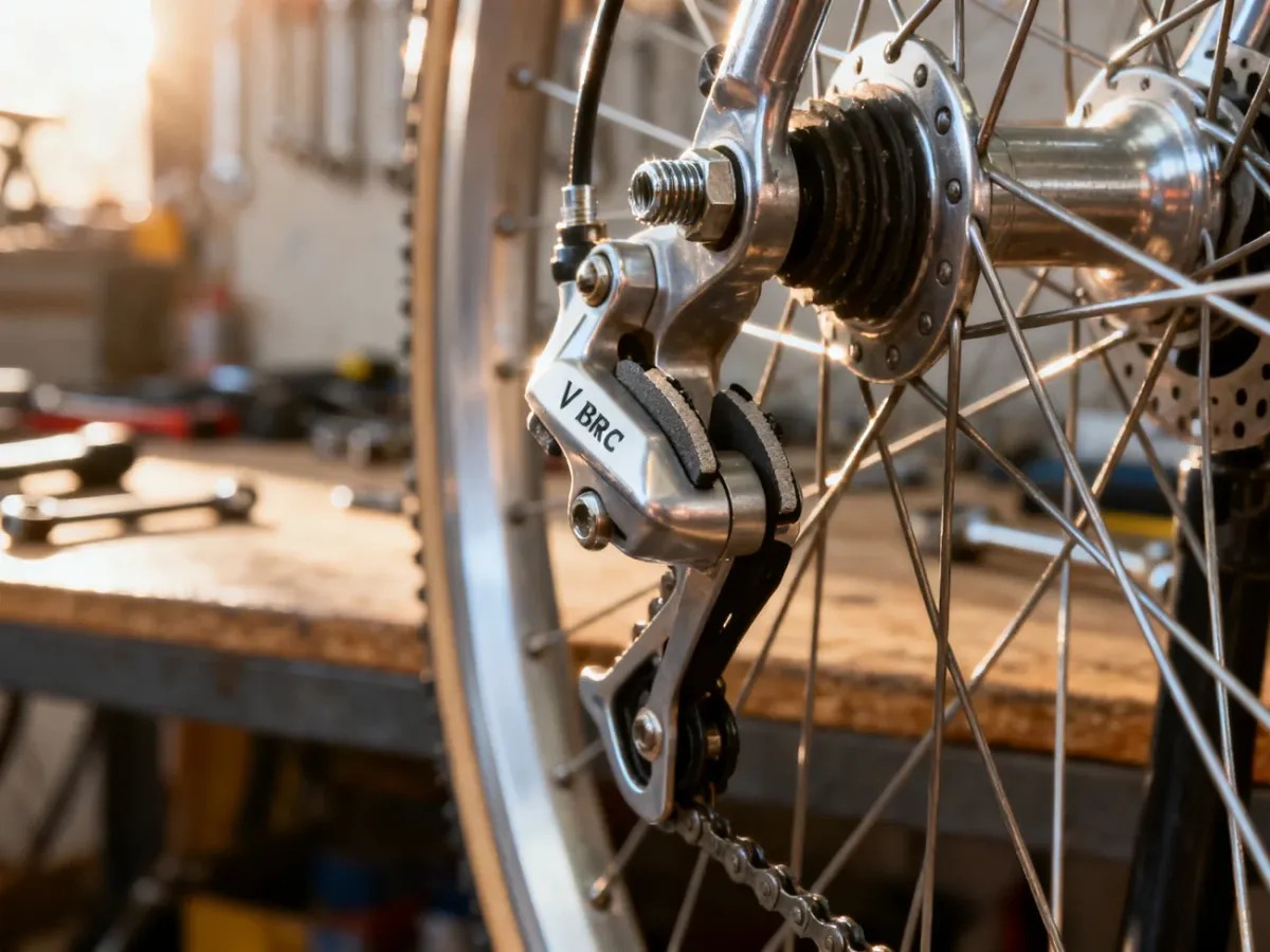 Zbliżenie na klocki hamulcowe i śrubę regulacyjną hamulców typu V-brake przy obręczy koła rowerowego.