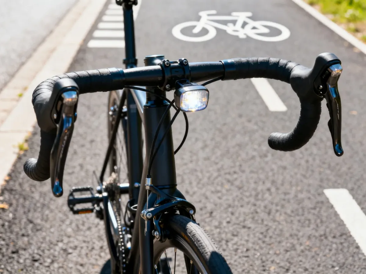 Kierownica roweru z oświetleniem na tle ścieżki rowerowej w słoneczny dzień, podkreślająca zasady bezpiecznej jazdy.