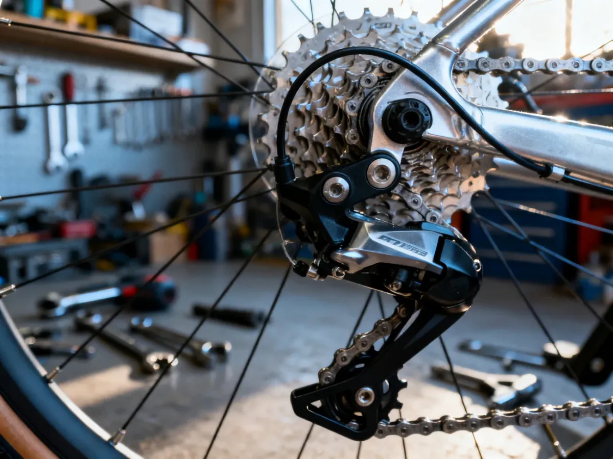 Zbliżenie na mechanizm tylnej przerzutki rowerowej w profesjonalnym warsztacie, gotowej do precyzyjnej regulacji.