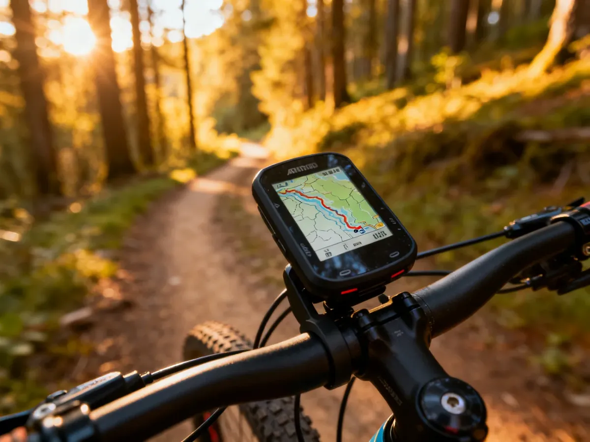 Licznik rowerowy z wyświetloną mapą GPS zamontowany na kierownicy roweru górskiego na tle leśnej ścieżki.