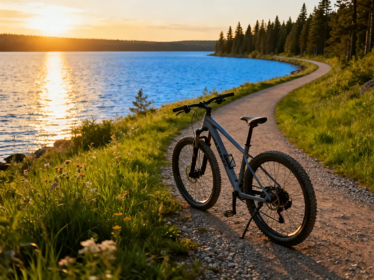 Wąska ścieżka rowerowa nad brzegiem jeziora Turawskiego w świetle zachodzącego słońca z zaparkowanym rowerem górskim.