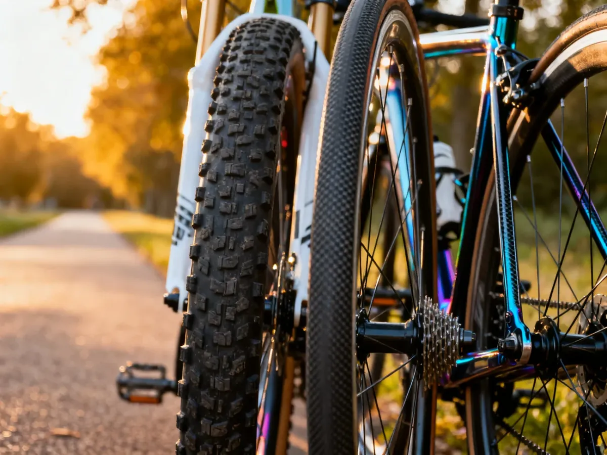 Zbliżenie na różnorodne opony i ramy rowerowe, ukazujące detale bieżnika MTB oraz karbonowej konstrukcji szosowej.