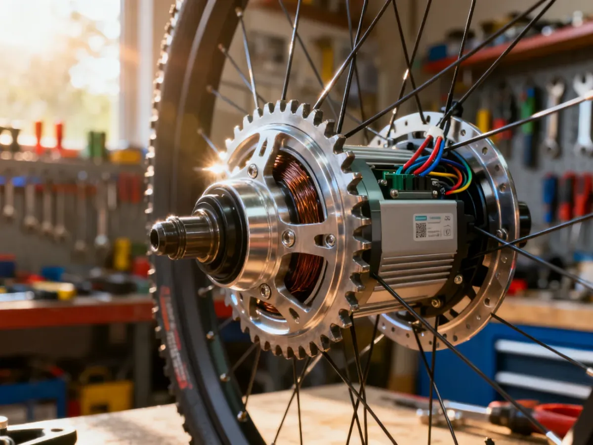 Zadbany silnik roweru elektrycznego z widocznymi detalami mechanicznymi w profesjonalnym warsztacie.
