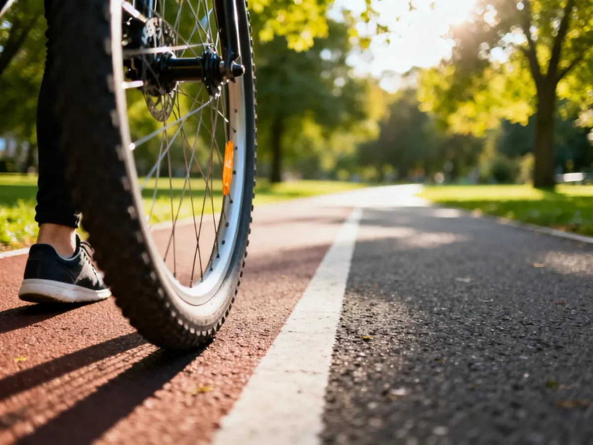 Rowerzysta i pieszy na wspólnej ścieżce w parku, ilustrujący zasady pierwszeństwa ruchu w przestrzeni miejskiej.